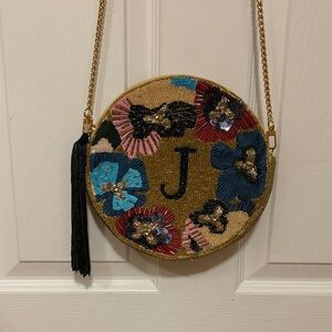Monogram J Round Beaded Crossbody Bag - Gold with multi colored Embroidery